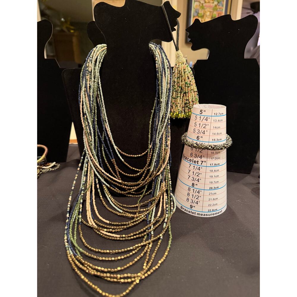 Seed beads 3 piece set in green and blue tones, necklace, bracelet and tassel